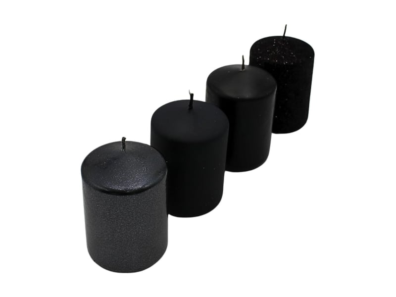  Lot de 4 bougies piliers, pour couronne de l'avent, bougies de table, noires, paillettes noires, 5 x 5 x 7 cm.  - Conforama E