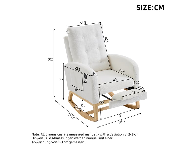  Fauteuil à bascule 66,5x121,5x102 cm avec repose-pieds bouclette blanc  - Conforama C