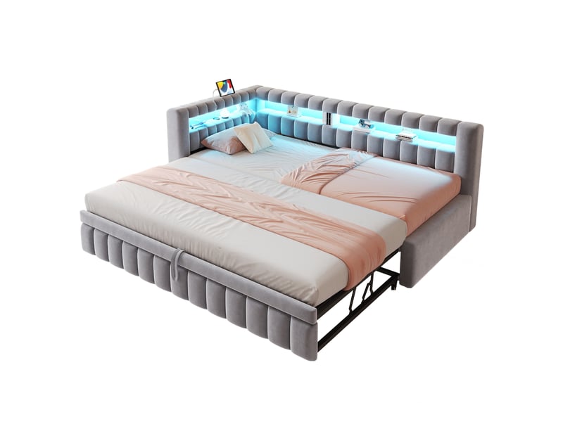 Canapé-lit convertible 90/180x200 cm avec rayures verticales, led et ports usb-c, velours gris clair, sans matelas - Conforama A