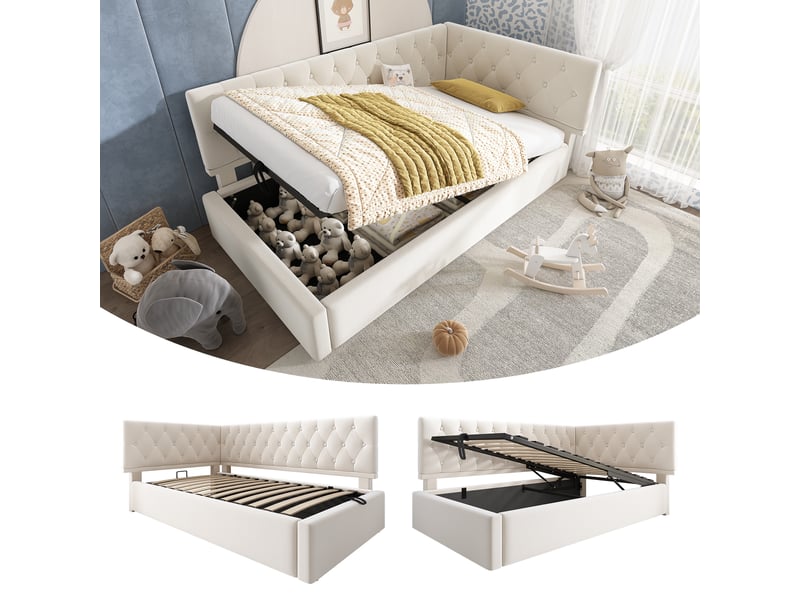  Lit banquette coffre 90 x 200 cm, coffre à relevage hydraulique, dossier en l, dossier réversible, sommier à lattes, pour la chambre, velours, beige ABC - Conforama B