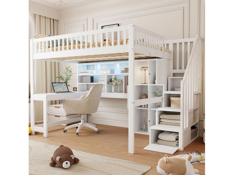  Lit mezzanine 140 x 200 cm blanc avec led, bureau, étagères et escalier de rangement  - Conforama C