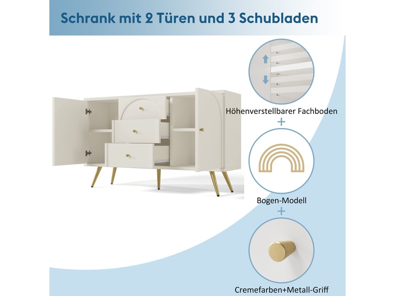  Buffet blanc 140x84x40 cm, meuble bas avec 2 portes latérales et 3 tiroirs centraux, idéal pour stockage salon et chambre  - Conforama D