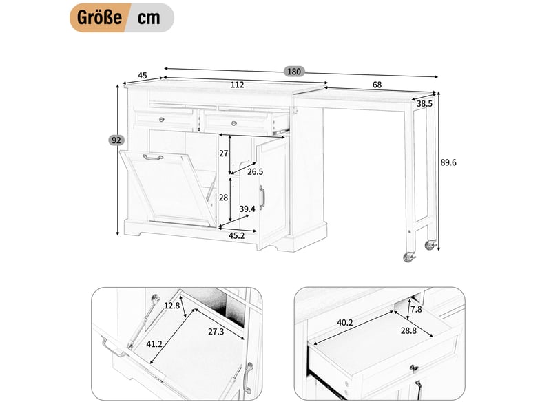 Desserte de cuisine avec plateau latéral extensible, 2 tiroirs, compartiment à déchets, roulettes, grise, 112 × 45 × 92 cm - Conforama E