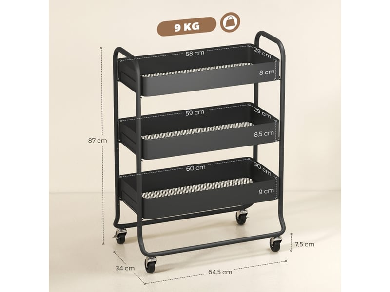  Desserte de cuisine en métal, chariot à roulettes noir, 3 paniers. Sans matelas.  - Conforama D