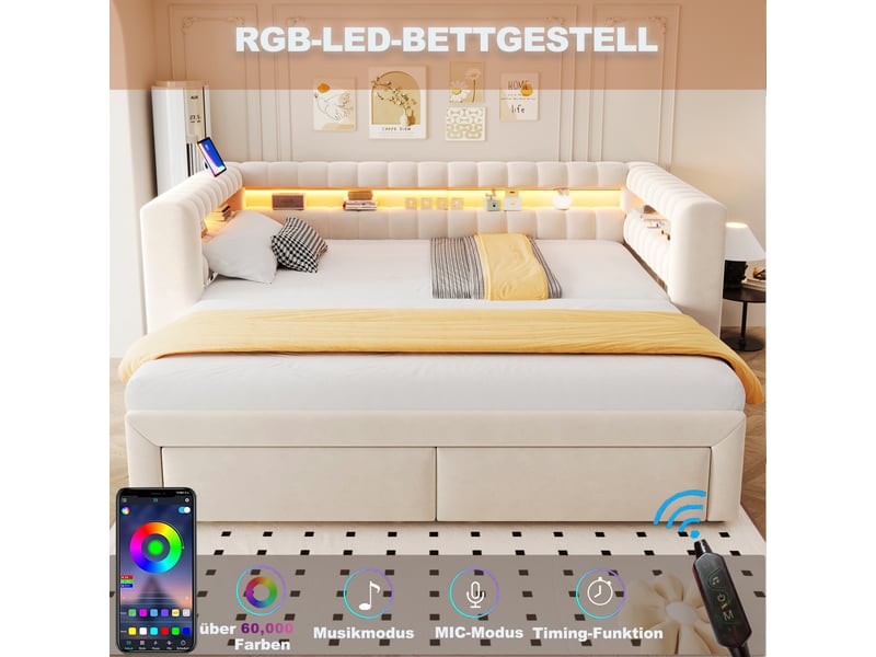  Lit gigogne 90x190 cm - banquette convertible 2 places 180x190 cm - 2 tiroirs, led, usb &amp; type-c - beige  - Conforama E