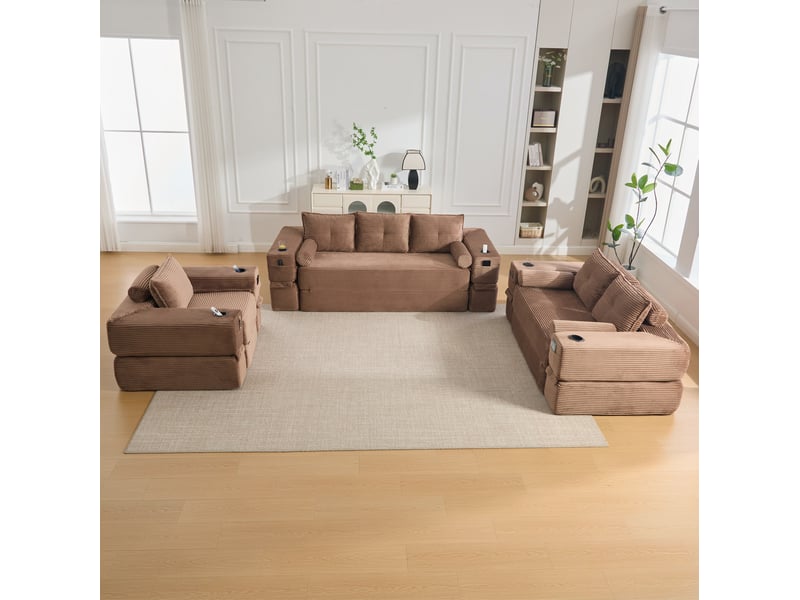  Canapé convertible 1 place avec poches latérales, porte-gobelet et accoudoirs amovibles en velours côtelé marron  - Conforama D