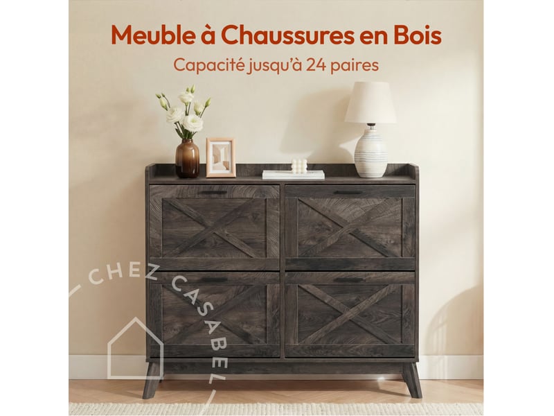  Casabel meuble à chaussures 24 paires, façades motif croix, étagères ajustables, grande capacité, bois foncé  - Conforama C
