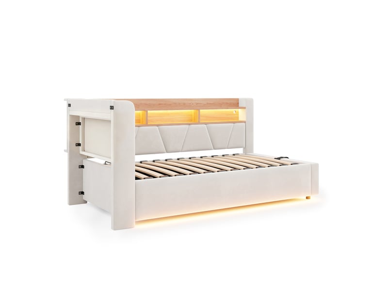 Lit banquette coffre 90 × 200 cm en velours beige, led et usb IKSETERA TRADING LTD - Conforama R