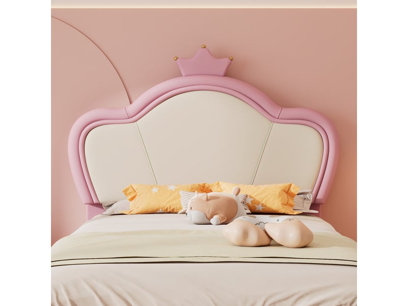  Lit enfant 90x200 capitonné en similicuir avec couronne - bords souples et pieds en métal  - Conforama R