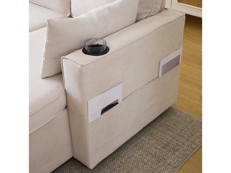  Canapé convertible 3 places beige en tissu aspect lin avec coffre et méridienne réversible  - Conforama D