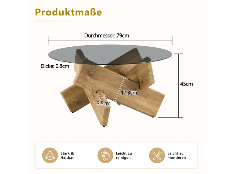  Table basse ronde en verre trempé 79 cm – bois – design moderne avec socle géométrique  - Conforama C