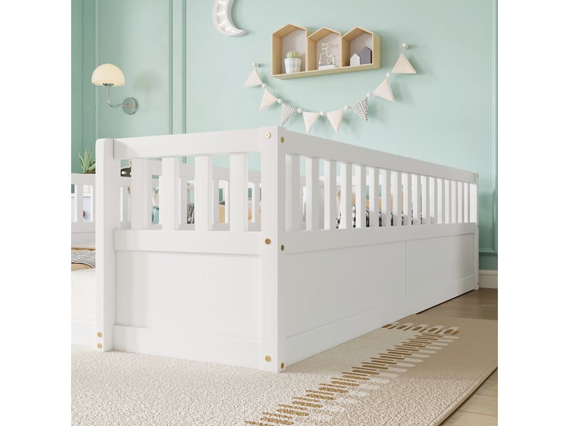 Lit au sol enfant double 90 × 200 cm en bois de pin avec barrières de sécurité semi-fermées - blanc - Conforama E