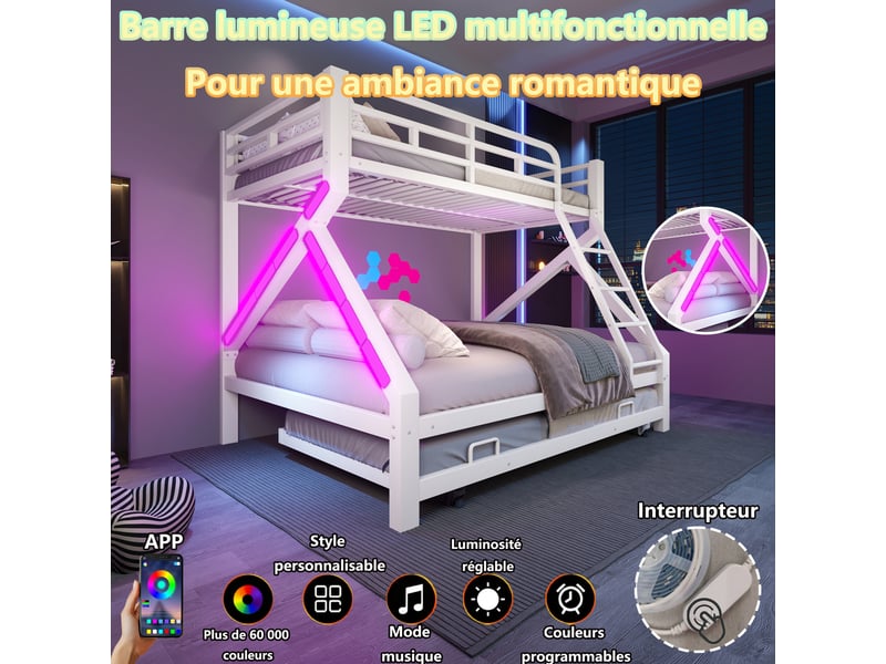  Lit superposé 90 x 200 cm + 140 x 200 cm – avec lit gigogne – avec barrières de sécurité – avec échelle – blanc (matelas non inclus)  - Conforama R