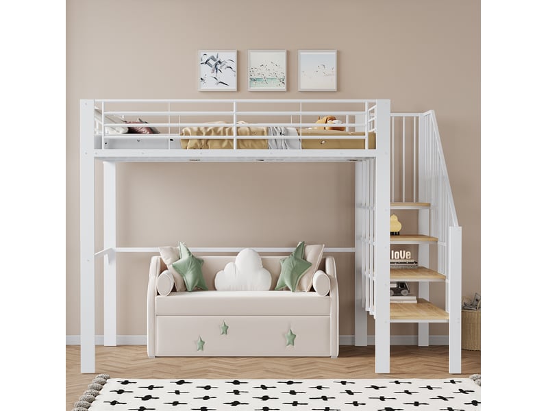  Lit mezzanine 140 x 200 cm en métal, escalier et rangement sous le lit, blanc  - Conforama E