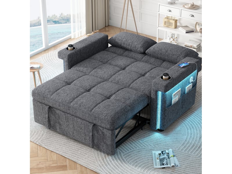  Canapé convertible 2 places modenvie avec éclairage led, ports usb et type-c, dossier réglable, tissu chenille gris, 145 x 141,5 x 90 cm  - Conforama E