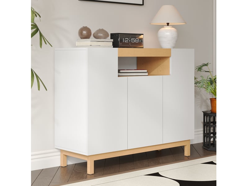  Buffet 120.5x42x96 cm 3 portes et niche ouverte en panneaux de particules blanc  - Conforama D
