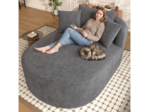 Canapé 1 places en velours côtelé gris, assise profonde 122 cm, sans montage, design ovale