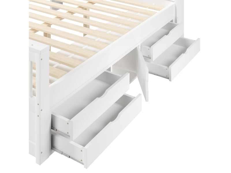 Lit blanc 160x200 cm en bois et mdf avec tête de lit bibliothèque, led, usb, rangements intégrés et quatre tiroirs - Conforama D