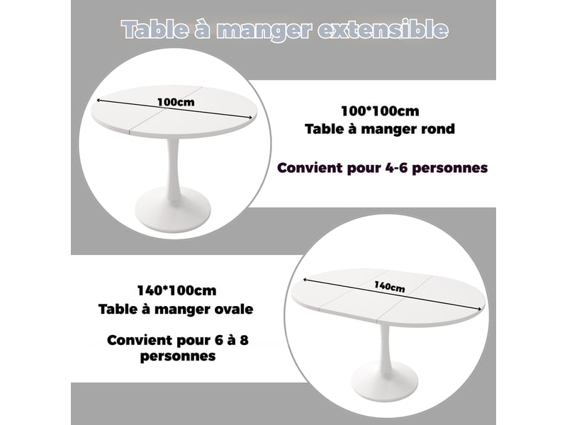  Table à manger extensible ovale 100-140 x 100 x 75 cm, coloris blanc, style moderne Jamama eleni - Conforama D