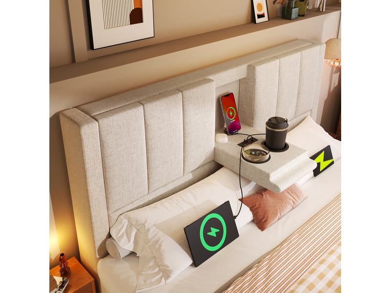  Lit coffre 160x200 avec matelas, recharge usb et porte-gobelets intégrés evryae  - Conforama D