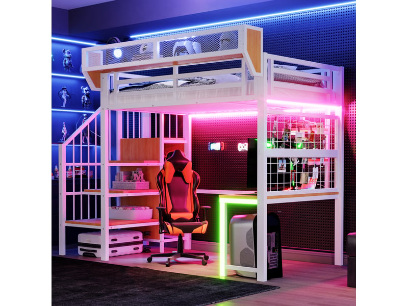 Lit mezzanine 90x200 cm avec bureau, rangements et éclairage led blanc - Conforama B