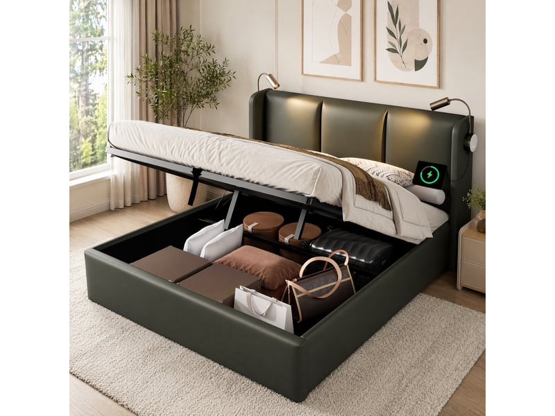  Lit coffre adulte 2 places 160x200 cm avec sommier, tête de lit avec éclairage led de lecture, usb, cadre métal, pu gris, sans matelas  - Conforama B