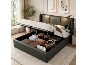 Lit coffre adulte 2 places 160x200 cm avec sommier, tête de lit avec éclairage led de lecture, usb, cadre métal, pu gris, sans matelas