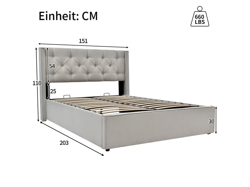  Lit coffre capitonné 140x200 cm en coton gris clair  - Conforama E