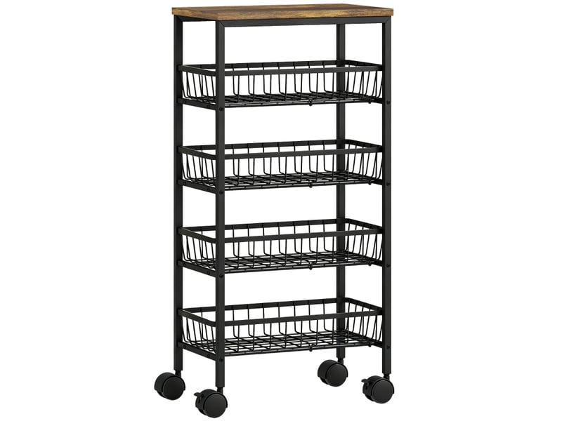 Desserte de cuisine à roulettes 4 niveaux avec 4 paniers coulissants – chariot de service étroit 40 x 24 x 81,5 cm en métal noir et bois rustique pour cuisine, salle de bain et salon (max. 15 kg) - Conforama A