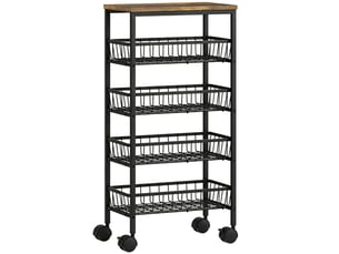 Desserte de cuisine à roulettes 4 niveaux avec 4 paniers coulissants – chariot de service étroit 40 x 24 x 81,5 cm en métal noir et bois rustique pour cuisine, salle de bain et salon (max. 15 kg)
