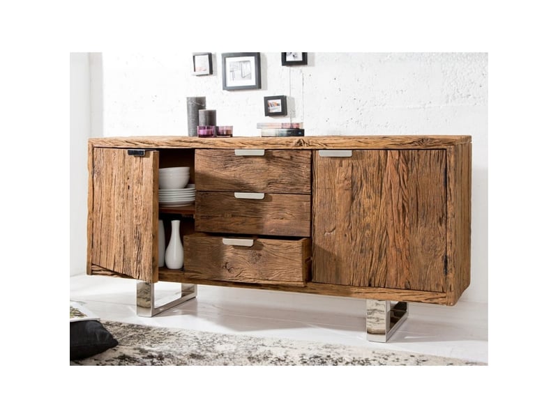  Buffet rafta 160 cm en bois massif de teck – 2 portes, 3 tiroirs et pieds en acier argenté  - Conforama E