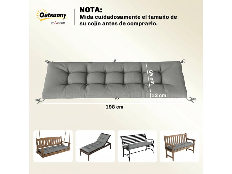  Coussin de banc d'extérieur avec sangles de fixation, protection uv50+, rebond lent, intérieurextérieur, 198 x 65 x 13 cm, gris  - Conforama E
