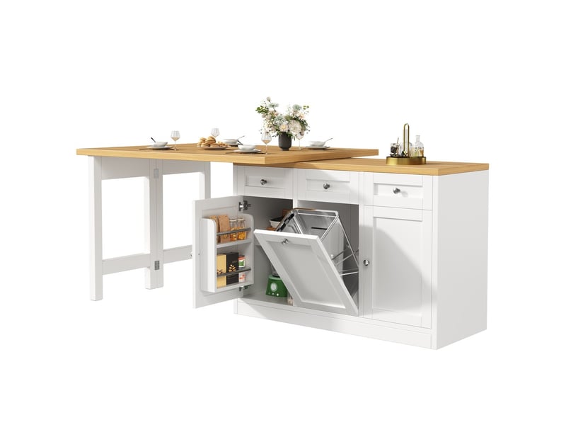 Table bar extensible avec rangement tiroir et porte-snacks support poubelle escamotable design gain de place pour petite cuisine blanc  - Conforama A