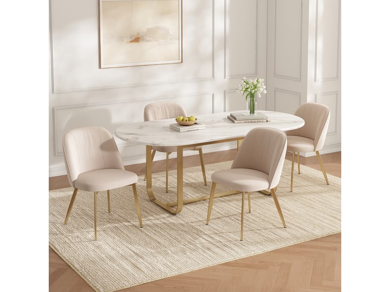  Lot de 4 chaises de salle à manger en velours beige, dossier semi-enveloppant ergonomique, pieds en métal doré, assise rembourrée, charge 150 kg  - Conforama B
