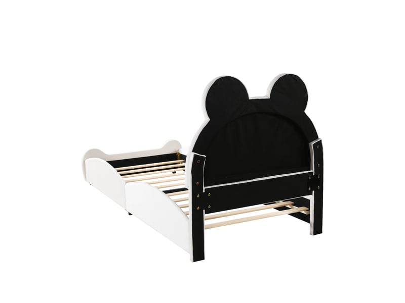 Lit enfant 90x200 cm en velours blanc, tête de lit forme ours et sommier à lattes  - Conforama E