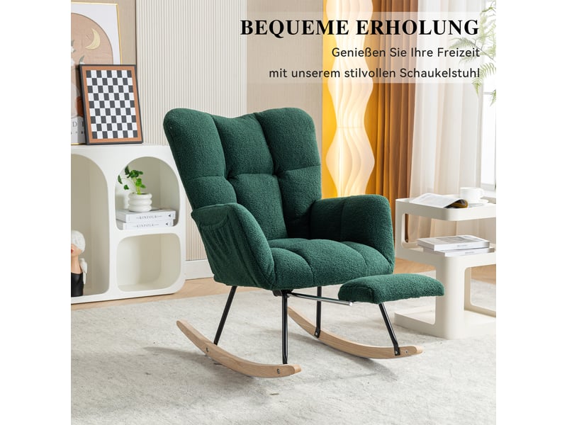  Fauteuil à bascule avec repose-pieds pliable -  dossier haut rembourré, structure bois et métal, teddy vert  - Conforama C
