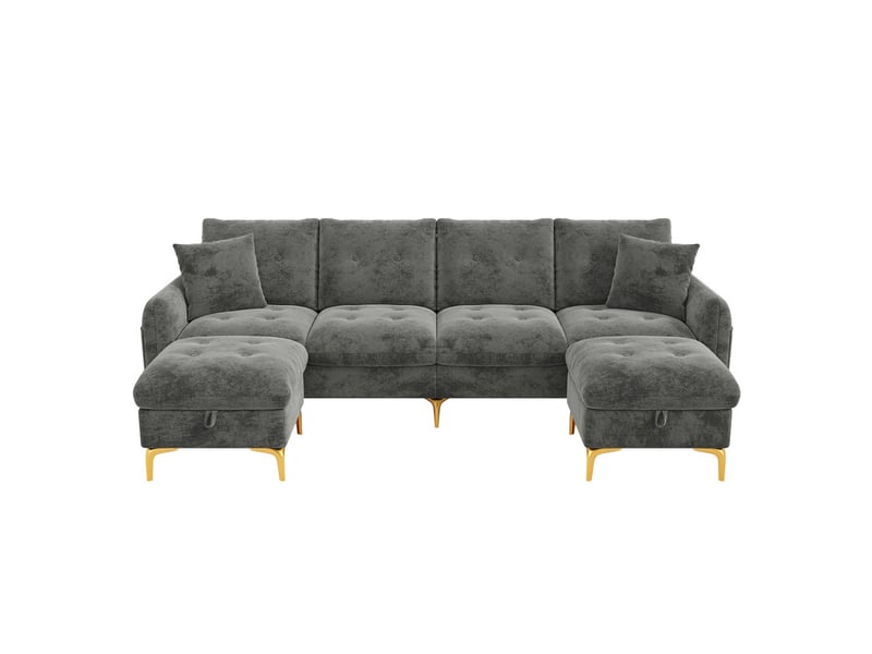 Canapé d'angle en u,4 places avec 2 tabourets de rangement et 2 coussins décoratifs, 263×137×85 cm, gris - Conforama A