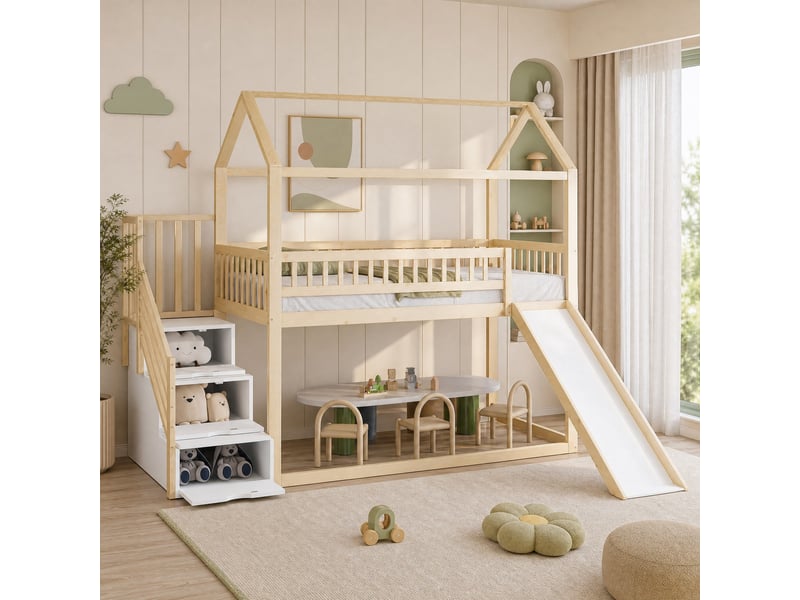  Lit mezzanine enfant 90x200 cm avec toboggan et escalier de rangement  - Conforama C