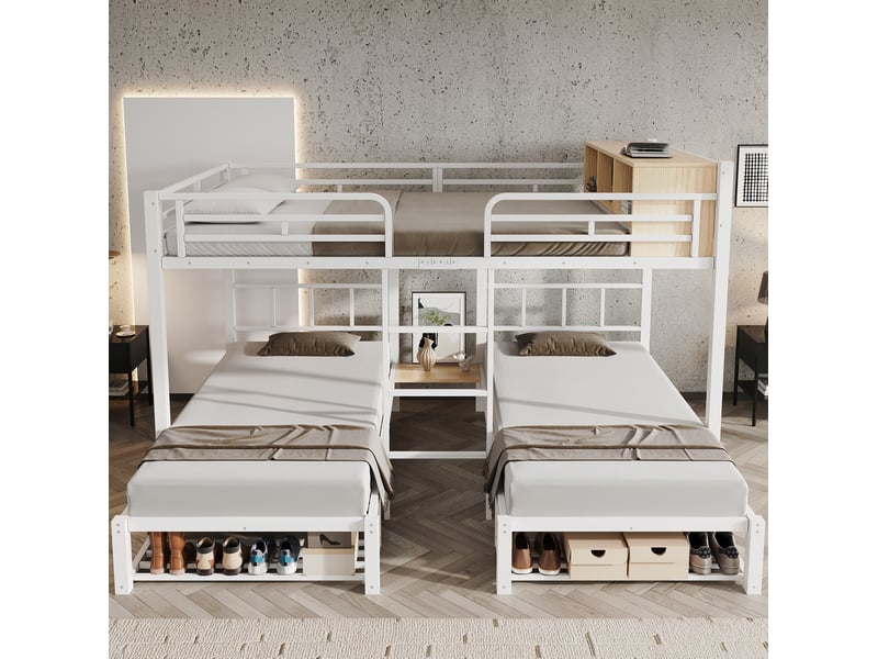  Lit superposé 3 couchages 140x200 et 2x90x200 cm, rangements, échelle, métal et bois, blanc naturel, sans matelas  - Conforama B