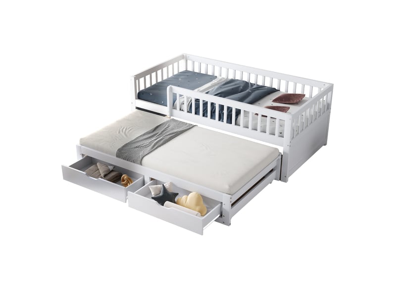  Modenvie lit gigogne 90x200 cm - avec 2 tiroirs, barrière de sécurité, sommier inclus - blanc  - Conforama A