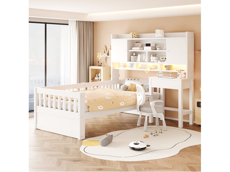  Lit enfant 90 × 200 cm avec bureau à tiroirs, rangements en tête de lit, barrières, éclairage led et prise, blanc  - Conforama B