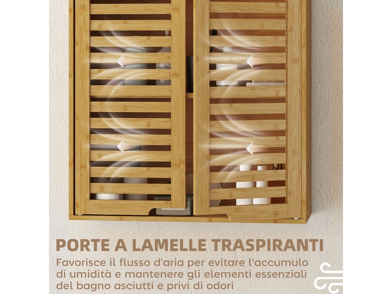  Armoire murale de salle de bain en bambou, portes persiennées, étagère réglable, 60 x 20 x 60 cm  - Conforama R