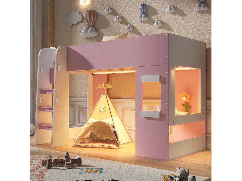  Lit mezzanine 90x200 avec bureau et éclairage led rose evryae  - Conforama C