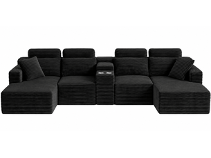 Canapé panoramique modulable en u velours côtelé noir, 372 x 151 x 80 cm