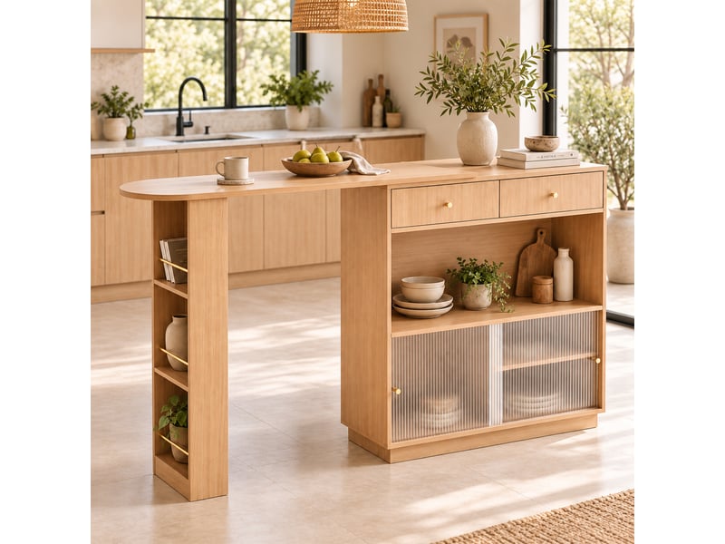  Îlot de cuisine - 120x30x100 cm - plateau extensible - tiroirs - éclairage led - rangement à vin - meuble de rangement - décor chêne CozyNest - Conforama C