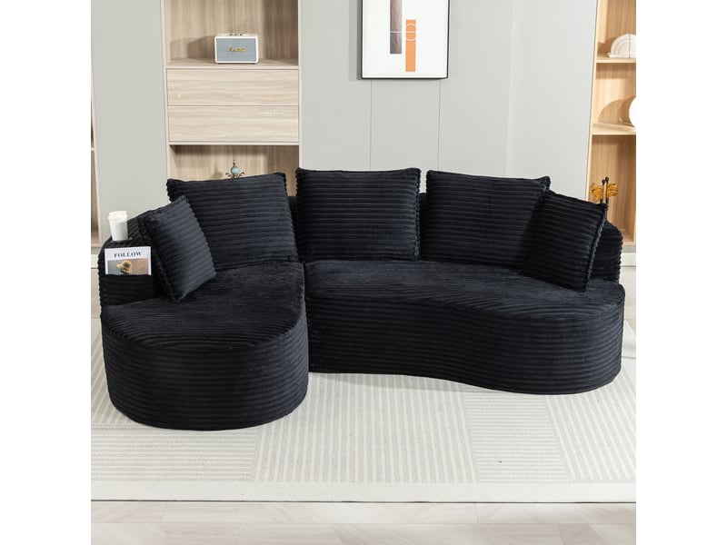  Canapé incurvé 3 places - 250 x 152 x 82 cm - avec porte-gobelets, poche latérale et 5 coussins, velours côtelé noir  - Conforama D