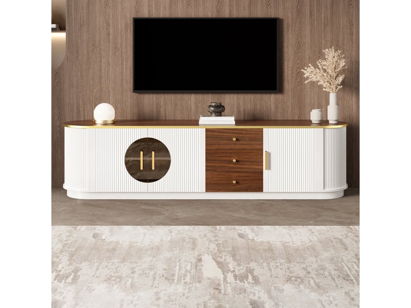  Meuble tv 3 portes 3 tiroirs avec passe-câbles - façades en verre brun ondulé, mdf blanc 180 × 40 × 46 cm  - Conforama C
