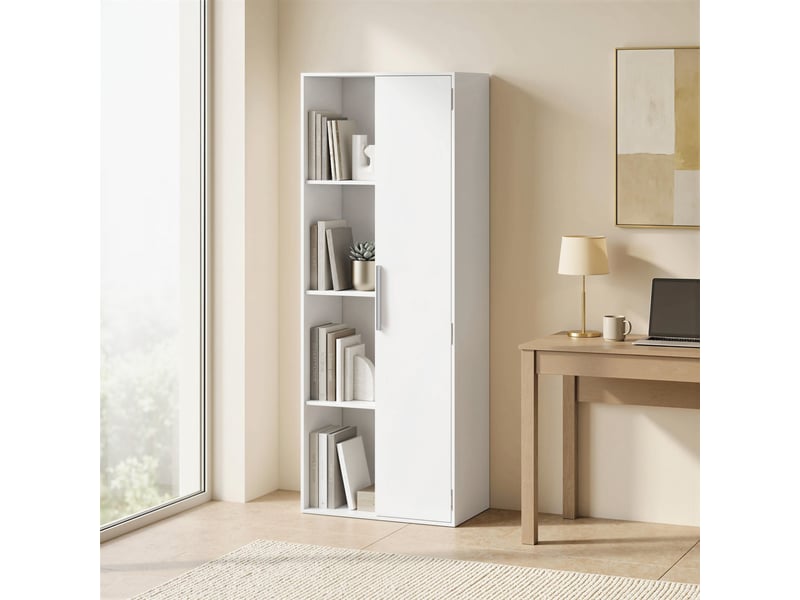  Bibliothèque à 4 niveaux avec étagères réglables, meuble de rangement avec placard et portes pour salon ou bureau, blanc  - Conforama B