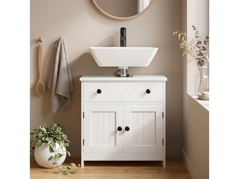 Meuble sous vasque avec 2 portes, 1 tiroir et étagères, fermeture douce, pour salle de bain en bois, 73×38×18.5 cm, blanc - Conforama B