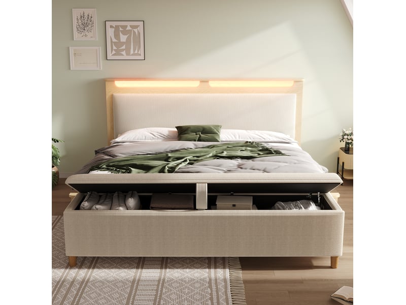 Lit double 160x200 cm, tête de lit en cordon, éclairage led, stockage, avec banc de lit, bois, beige, avec matelas - Conforama E